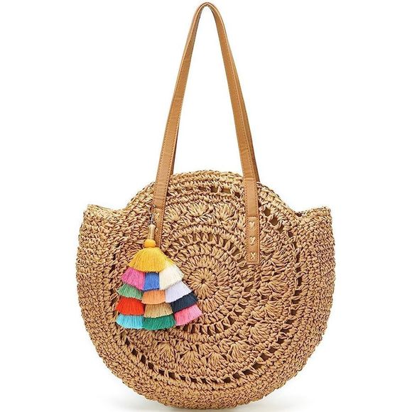Straw Bag Round Summer Straw Large Woven Beach Bag Purse Vocation :P - Picture 1 of 7